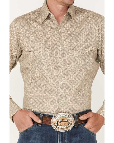 Image #3 - Ely Walker Men's Geo Print Long Sleeve Pearl Snap Western Shirt, Beige/khaki, hi-res