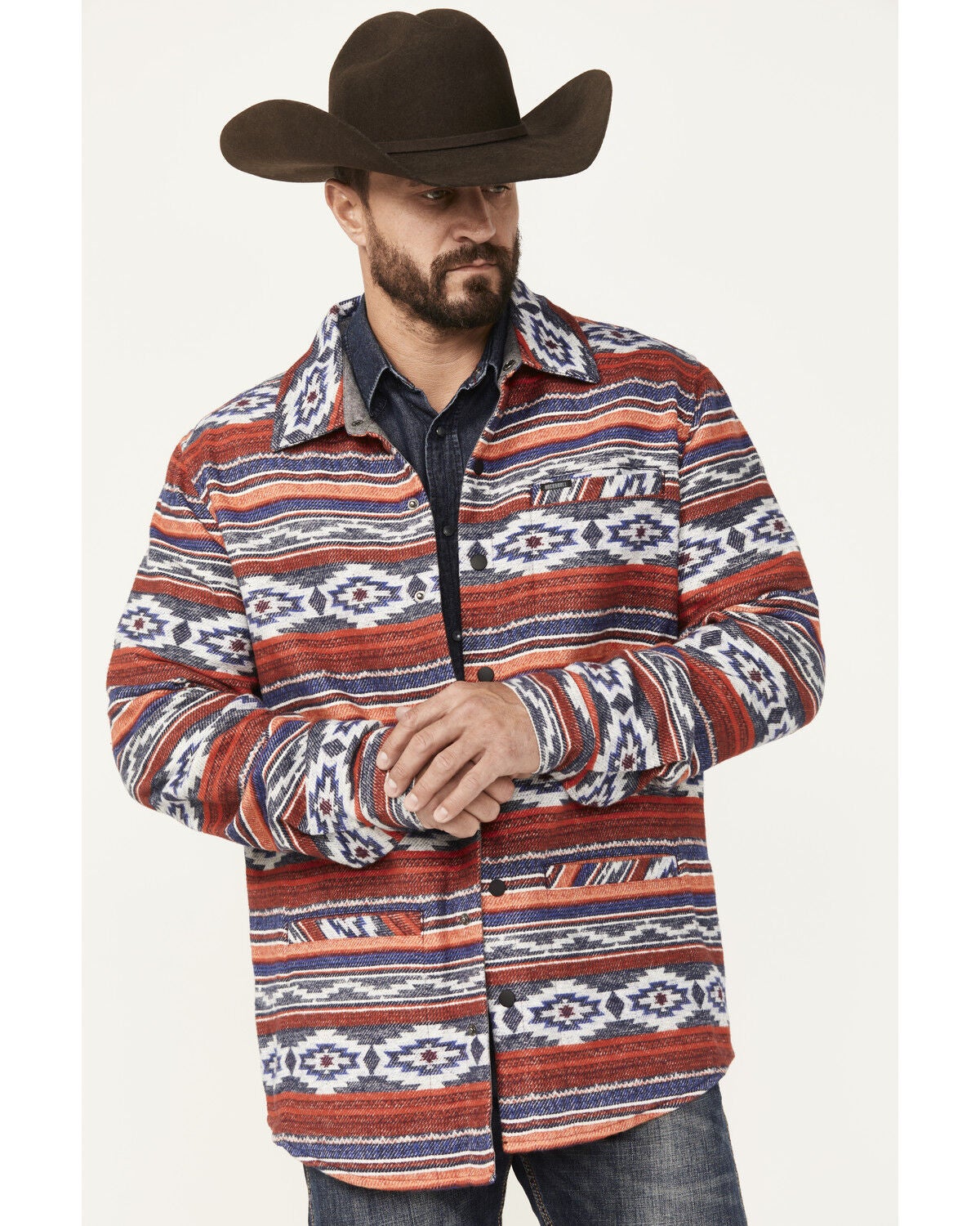 Rock & Roll Denim Men's Southwestern Striped Shirt Jacket, Red, hi-res