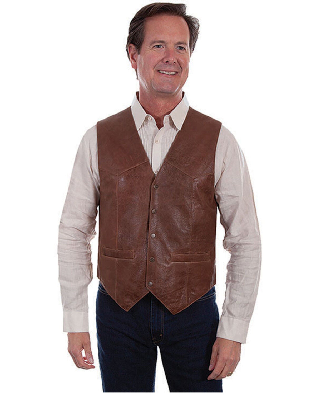 Scully Leatherwear Men's Tailored Vintage Lamb Leather Vest - Big, Brown, hi-res
