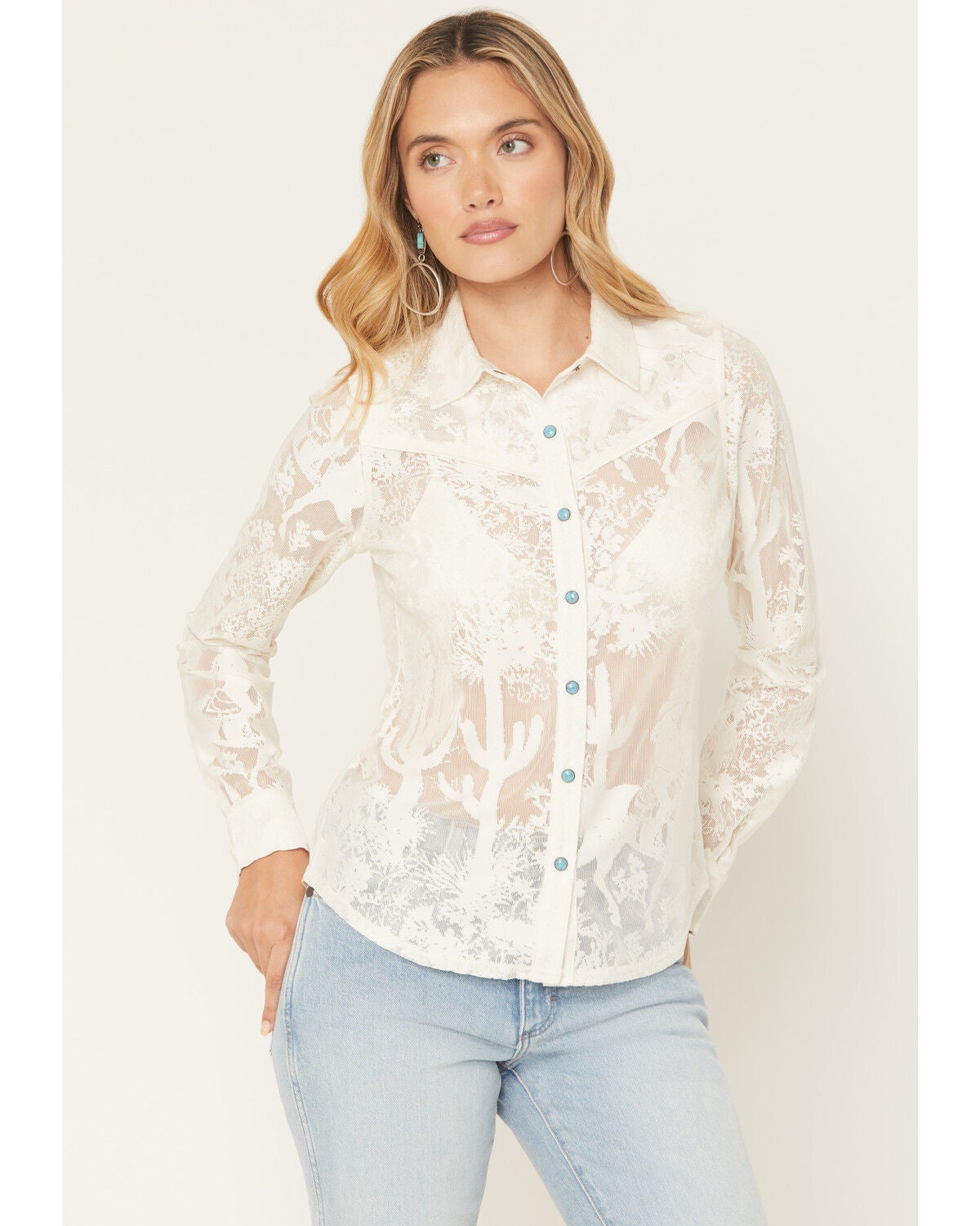 Image #1 - Shyanne Women's Solid Lace Long Sleeve Snap Shirt, Cream, hi-res