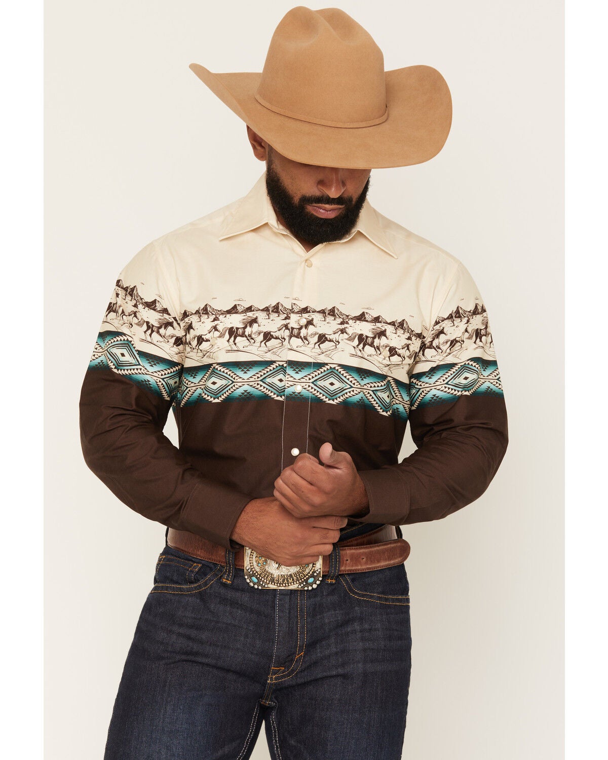Panhandle Slim Men's Southwestern Horse Border Print Long Sleeve Pearl Snap Western Shirt, Brown, hi-res