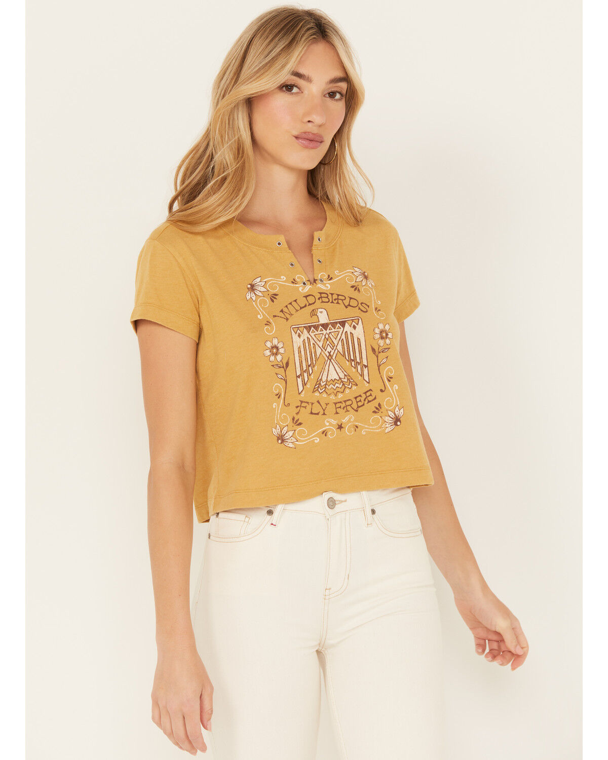 Image #1 - Wild Crow Women's Wild Birds Grommet Short Sleeve Graphic Tee, Mustard, hi-res