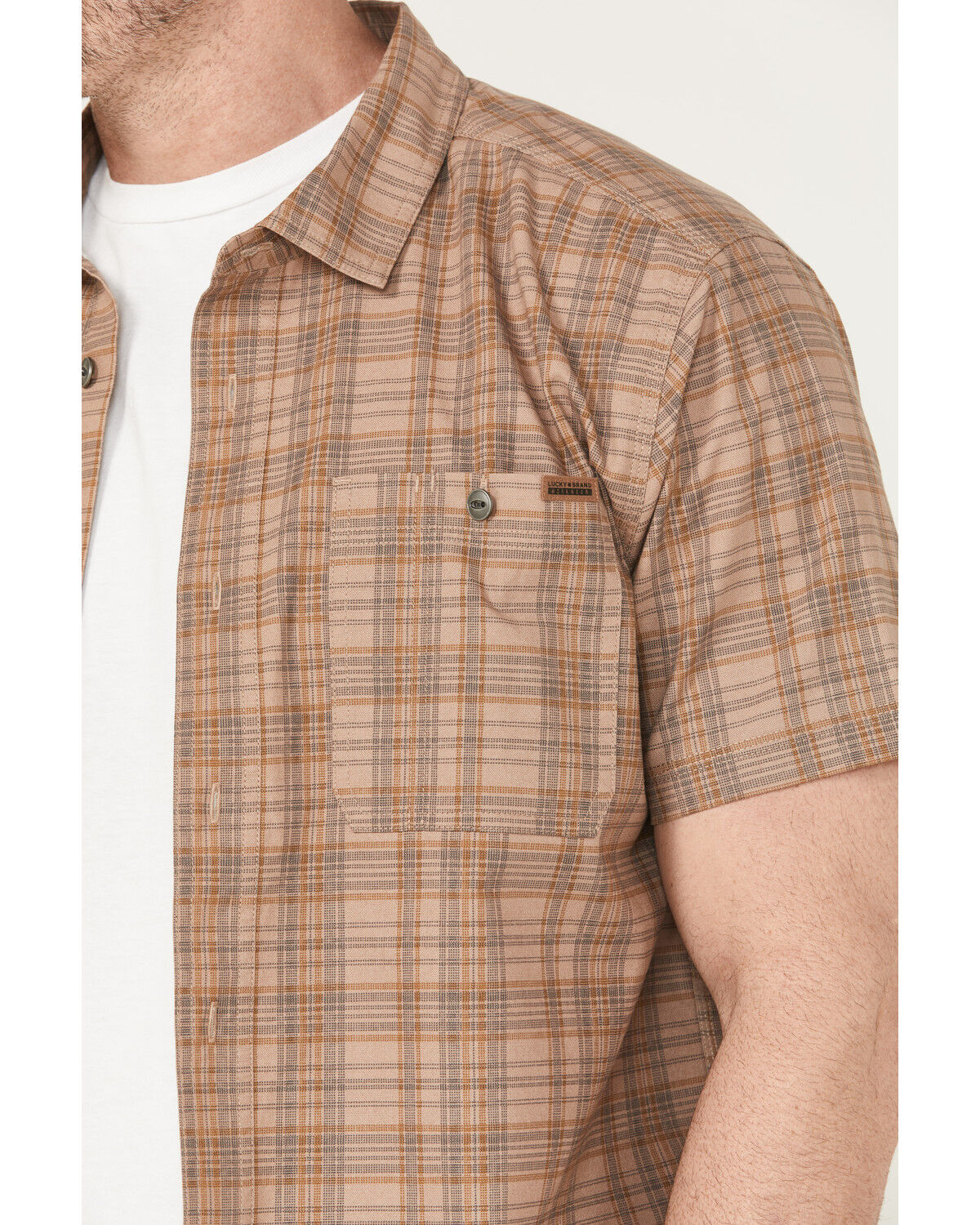 Image #3 - Lucky Brand Workwear Men's Plaid Print Short Sleeve Button-Down Work Shirt, Tan, hi-res