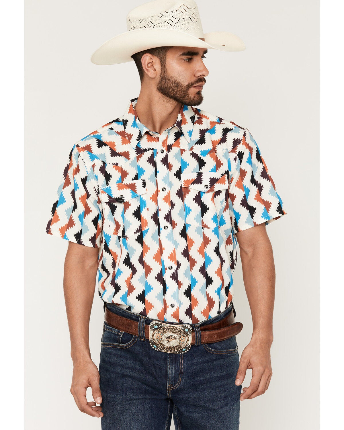 RANK 45&reg; Men's Zig Zag Southwestern Stripe Print Rodeo Tech 2.0 Short Sleeve Snap Stretch Western Shirt, Blue, hi-res