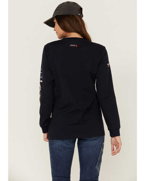 Image #3 - Ariat Women's FR USA Stretch Logo Long Sleeve Work Pocket T-Shirt , Navy, hi-res