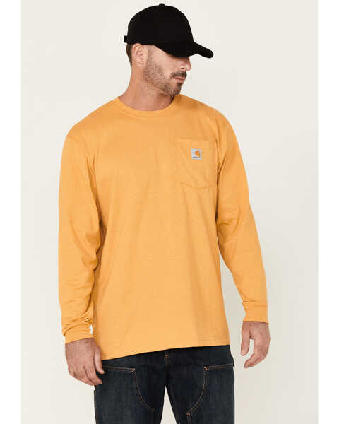 Carhartt Men's Loose Fit Heavyweight Long Sleeve Logo Pocket Work T-Shirt, Yellow, hi-res