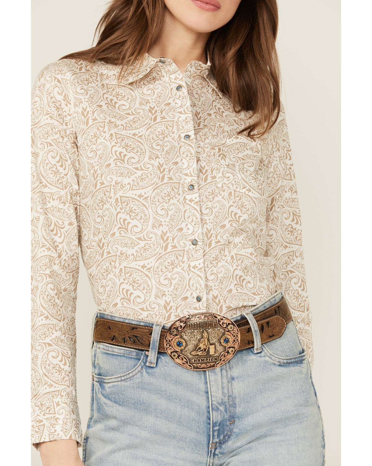 Image #3 - Shyanne Women's Paisley Print Long Sleeve Snap Stretch Western Shirt, Off White, hi-res