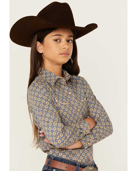 Image #2 - Cruel Girl Girls' Geo Print Long Sleeve Snap Western Shirt, Orange, hi-res