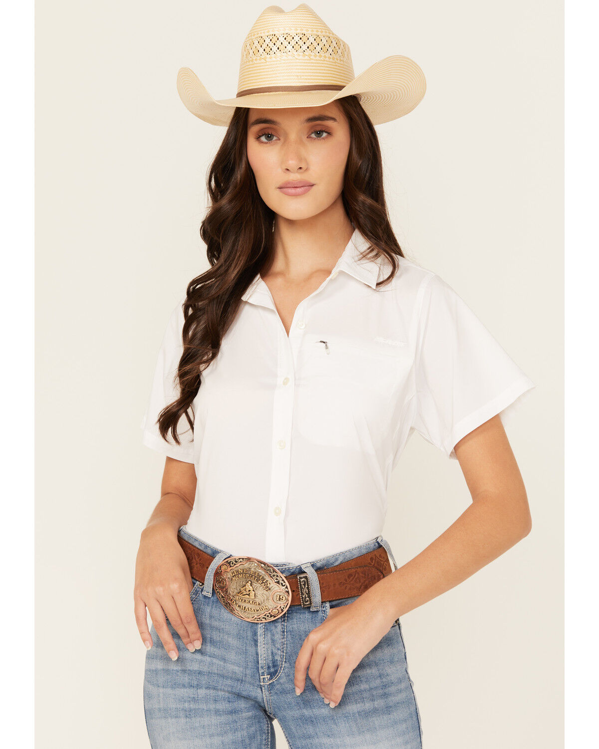 Image #1 - Ariat Women's VentTEK Solid Short Sleeve Button-Down Stretch Western Shirt, White, hi-res