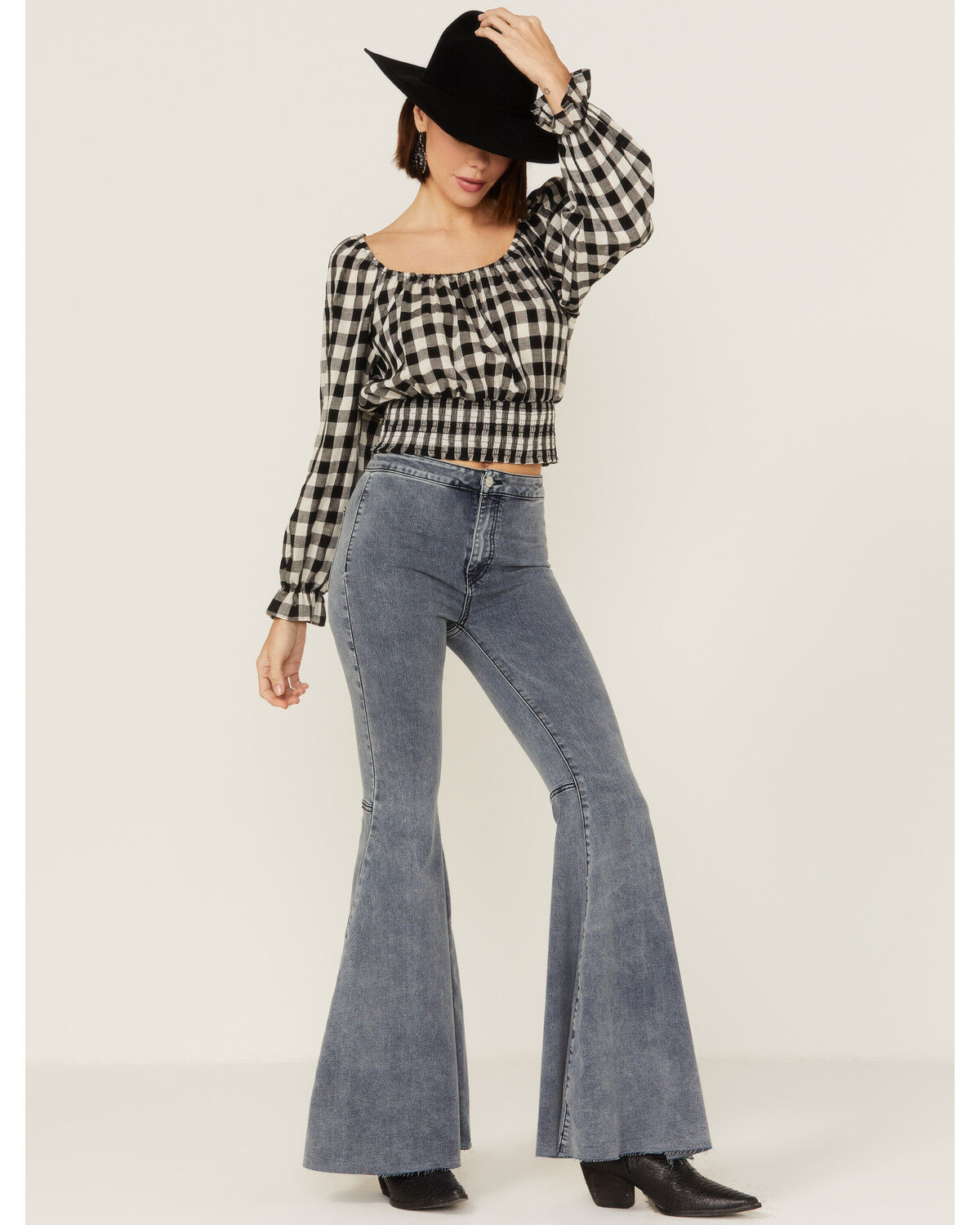 Image #4 - Beyond The Radar Women's Gingham Tie Back Smocked Blouse, Black, hi-res