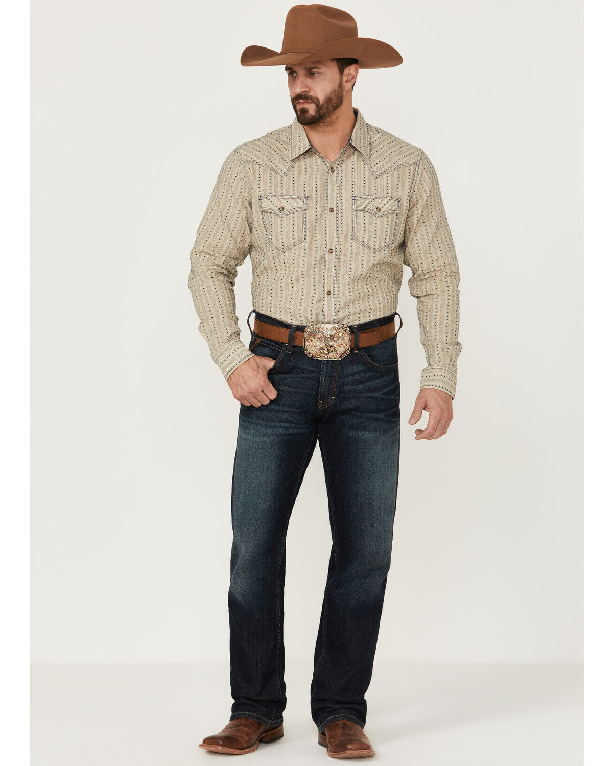 Image #2 - Moonshine Spirit Men's Dobby Stripe Long Sleeve Snap Western Shirt, Tan, hi-res
