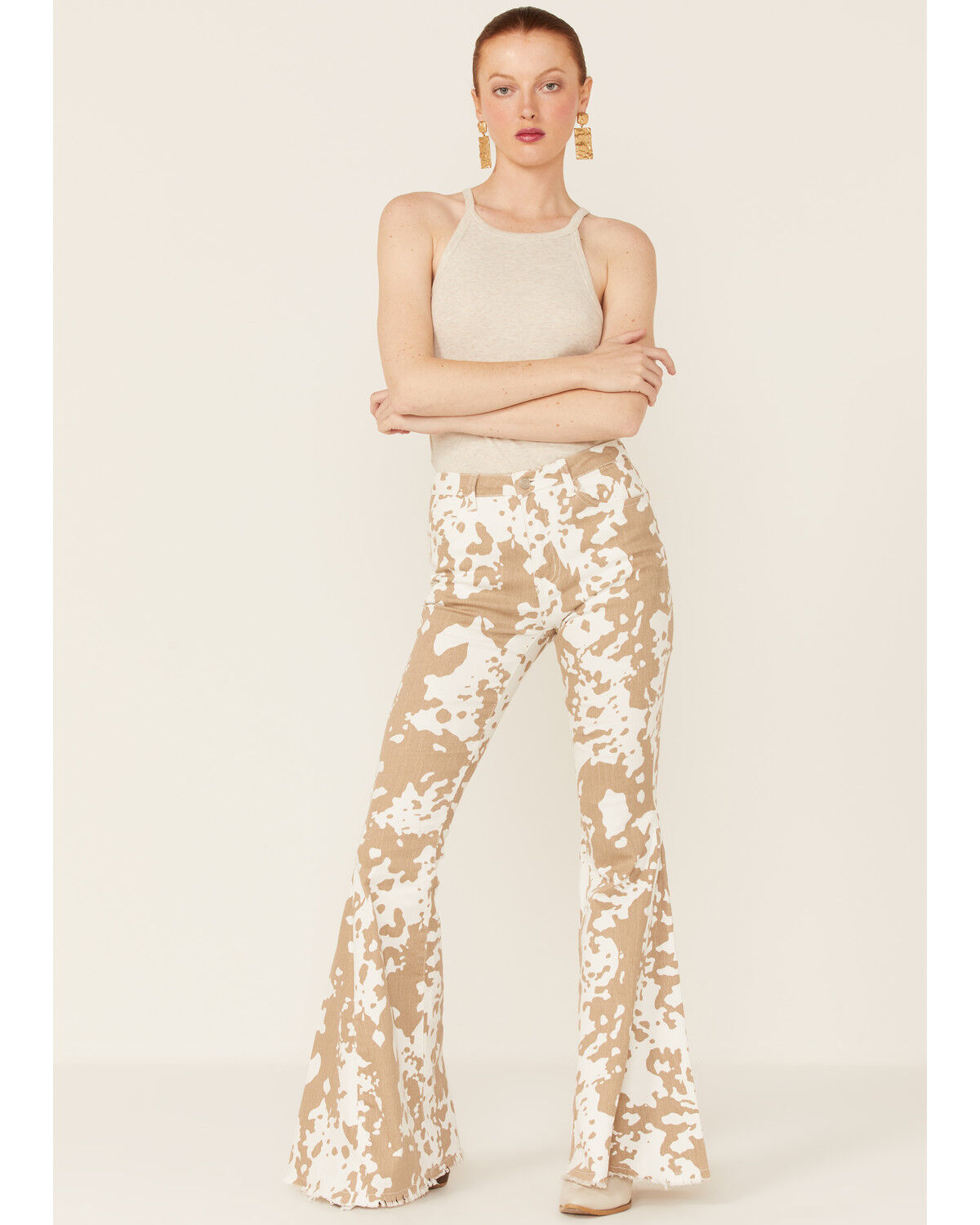 Image #1 - Saints & Hearts Women's Cow Print High Rise Raw Hem Flare Jeans, , hi-res