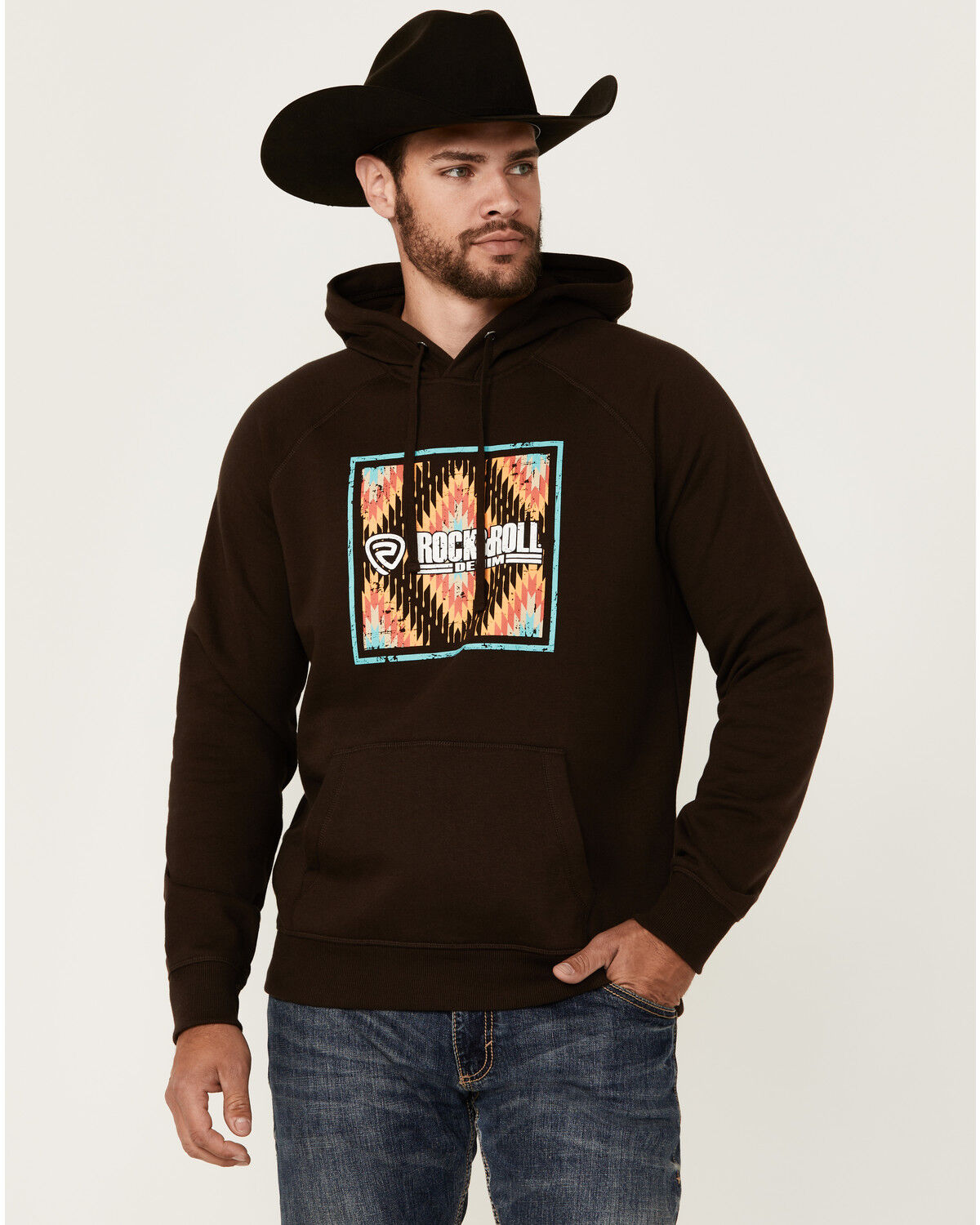 Image #1 - Rock & Roll Denim Men's Southwestern Print Logo Hooded Sweatshirt, Dark Brown, hi-res