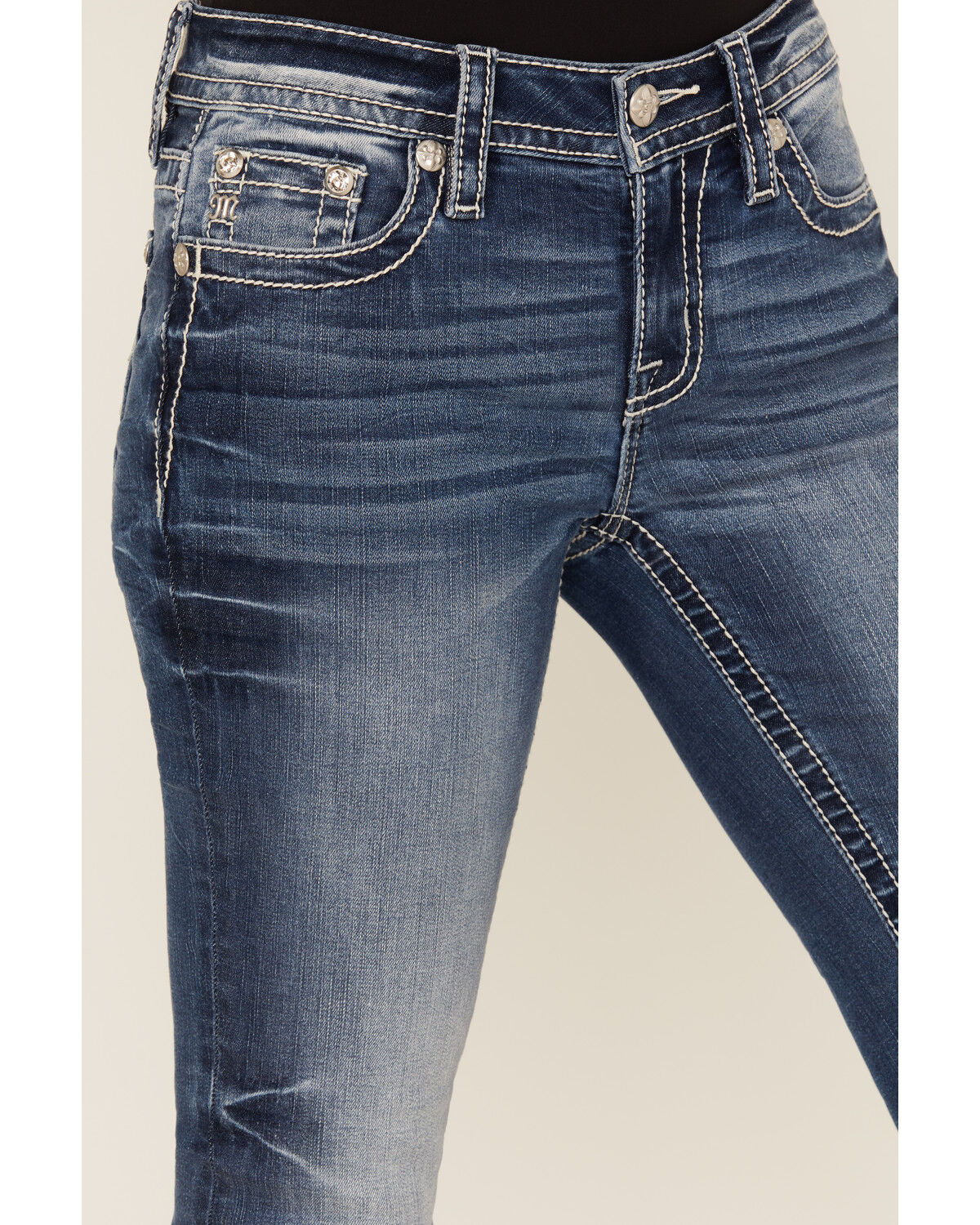 Image #4 - Miss Me Women's Dark Wash Mid Rise Cross Pocket Slim Bootcut Stretch Denim Jeans, Medium Wash, hi-res