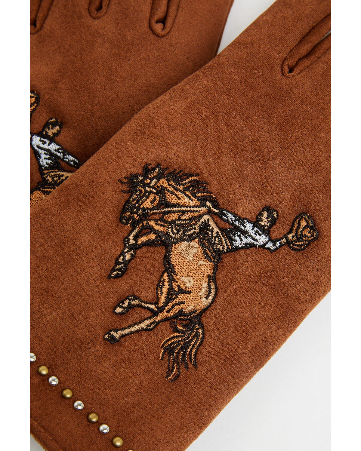 Image #2 - Idyllwind Women's Fireside Embroidered Cowboy Faux Suede Gloves, Brown, hi-res