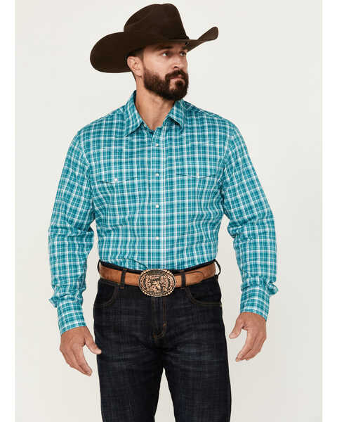 Wrangler Retro Men's Plaid Print Long Sleeve Pearl Snap Western Shirt, Teal, hi-res