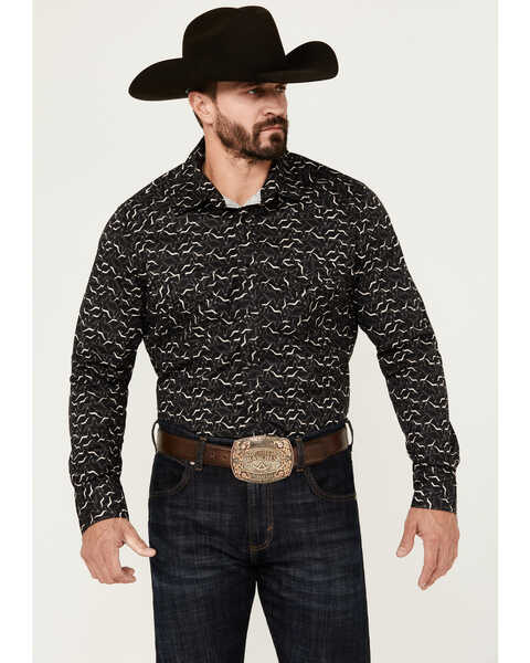Image #1 - Rock & Roll Denim Men's Longhorn Print Short Sleeve Pearl Snap Stretch Western Shirt , Black, hi-res