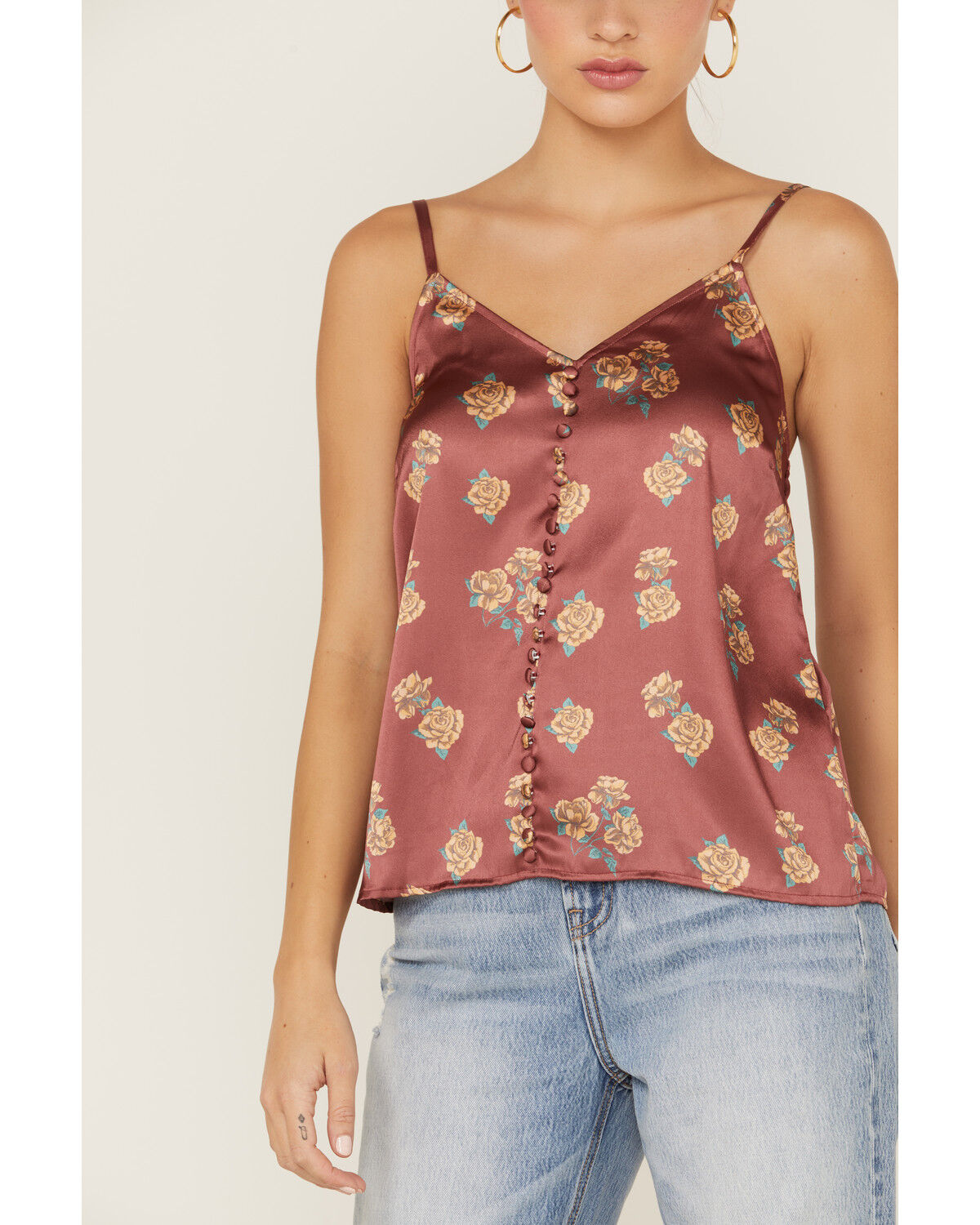 Image #2 - Panhandle Women's Floral Satin Button Front Cami, Rust Copper, hi-res