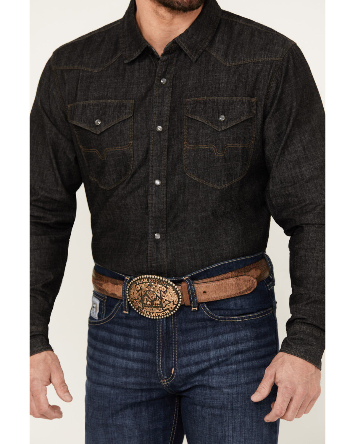 Image #3 - Kimes Ranch Men's Grimes Wash Denim Long Sleeve Pearl Snap Western Shirt, Black, hi-res