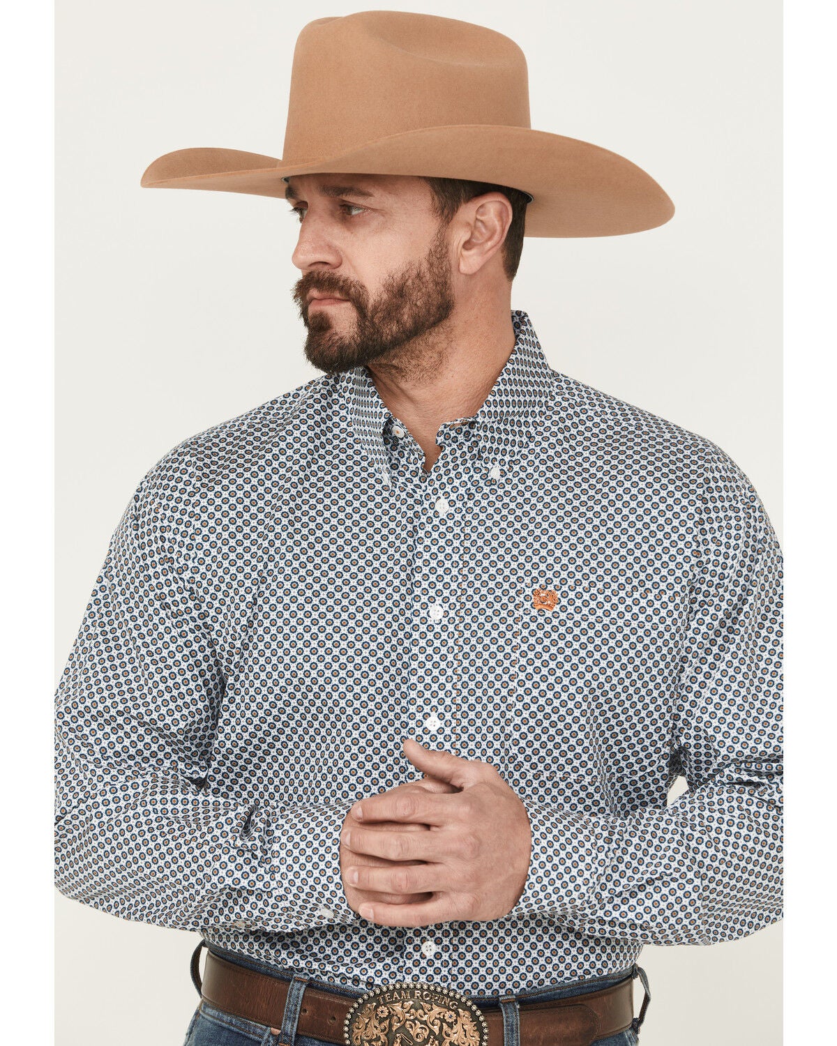 Cinch Men's Printed Long Sleeve Button-Down Western Shirt, White, hi-res