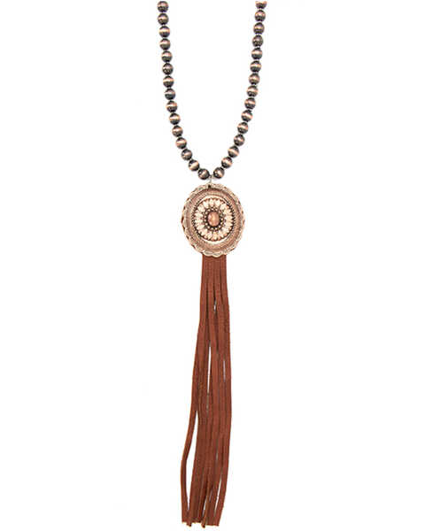 Cowgirl Confetti Women's Copper Beaded Concho & Brown Leather Tassel Necklace, Bronze, hi-res