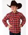Image #1 - Roper Boys' Plaid Print Long Sleeve Snap Western Lined Shirt Jacket, Red, hi-res