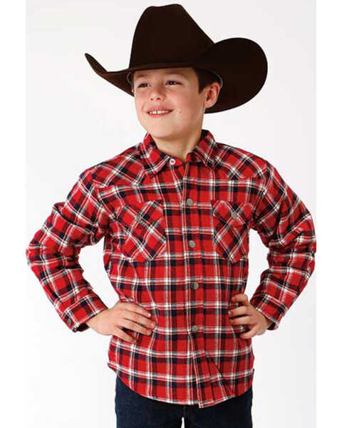 Roper Boys' Plaid Print Long Sleeve Snap Western Lined Shirt Jacket , Red, hi-res