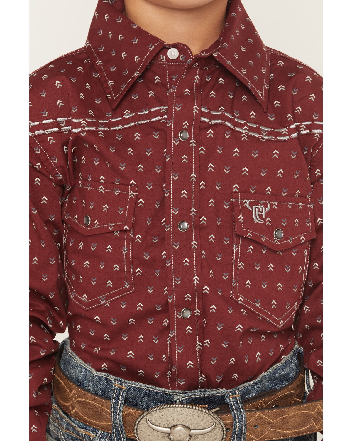 Image #3 - Cowboy Hardware Boys' Geo Print Long Sleeve Pearl Snap Stretch Western Shirt, Burgundy, hi-res
