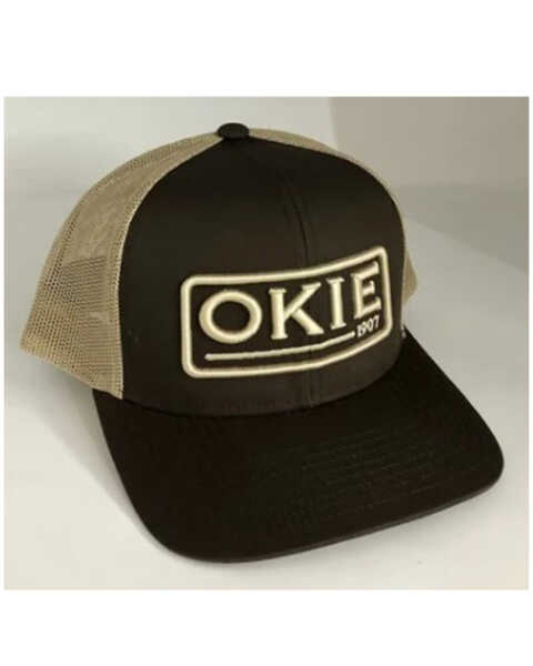 Image #1 - Okie Men's Dark Brown & Tan Nader Puff Logo Embroidered Mesh-Back Trucker Cap, Dark Brown, hi-res