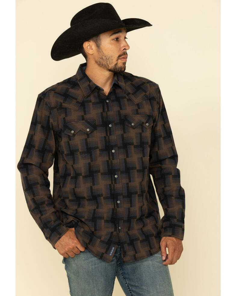 Moonshine Spirit Men's Maze Dobby Grid Geo Print Long Sleeve Western Flannel Shirt , Brown/blue, hi-res