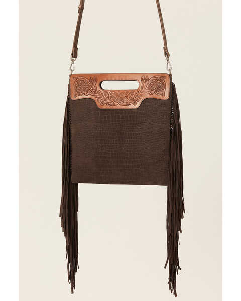Shyanne Women's Amber Embossed Messenger Handbag, Brown, hi-res