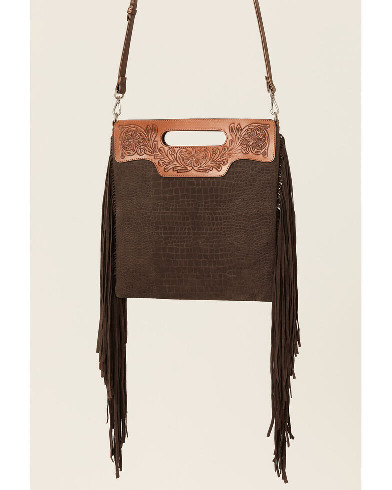 Shyanne Women's Amber Embossed Messenger Handbag, Brown, hi-res