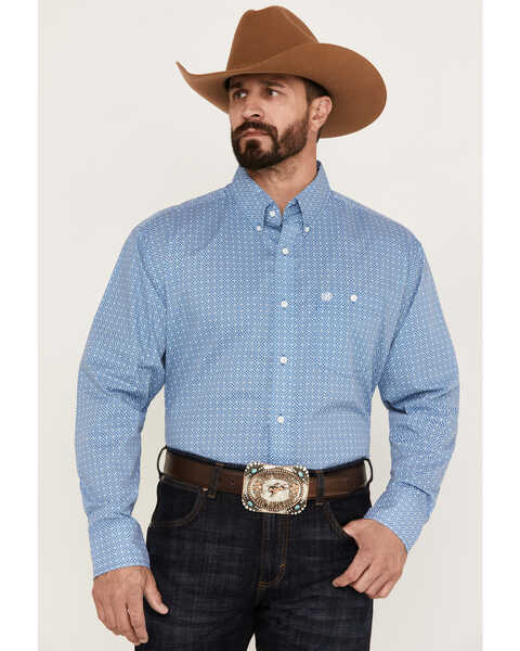 Wrangler Men's Classics Print Long Sleeve Button Down Western Shirt, Blue, hi-res