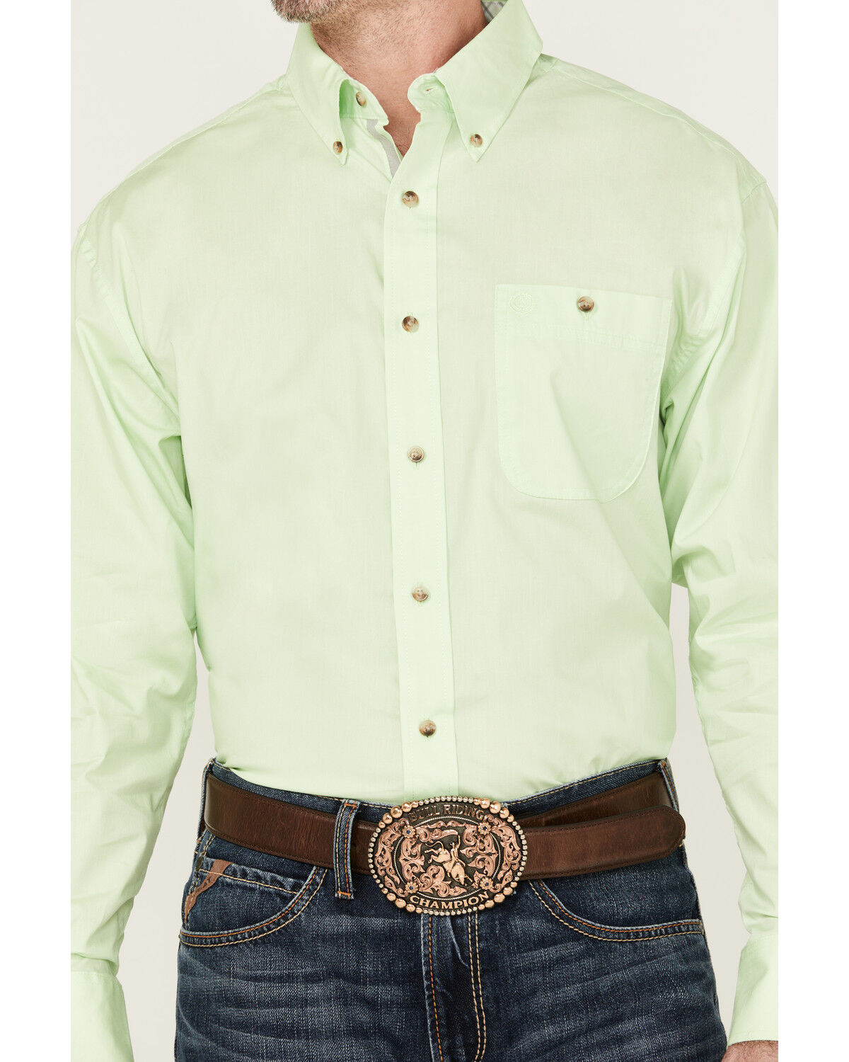Image #3 - George Strait by Wrangler Men's Solid Long Sleeve Button-Down Stretch Western Shirt, Light Green, hi-res
