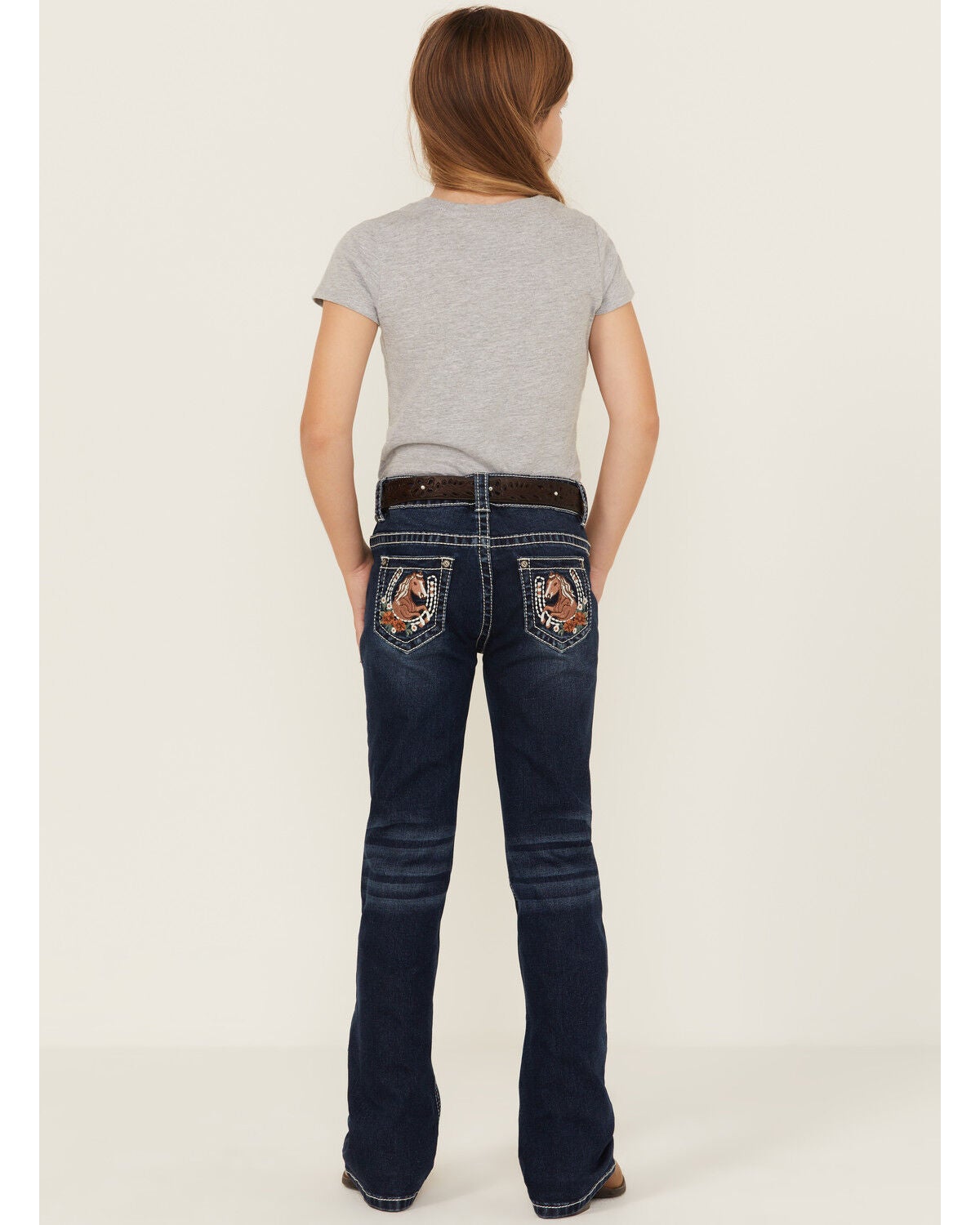 Shyanne Girls' Dark Wash Horseshoe Pocket Bootcut Stretch Denim Jeans, Medium Wash, hi-res