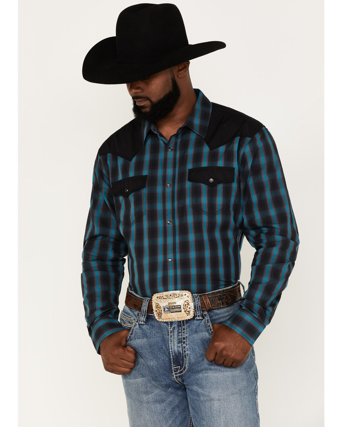 Image #1 - Moonshine Spirit Men's Bandit Small Plaid Print Pearl Snap Western Shirt, Black, hi-res