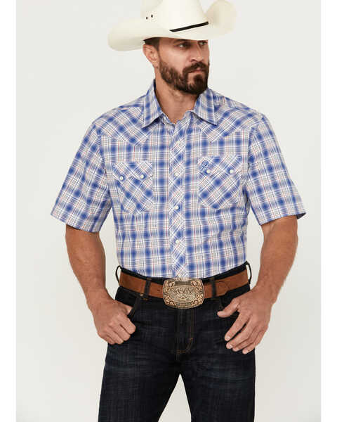 Image #1 - Wrangler Retro Men's Plaid Print Short Sleeve Pearl Snap Western Shirt, Blue, hi-res