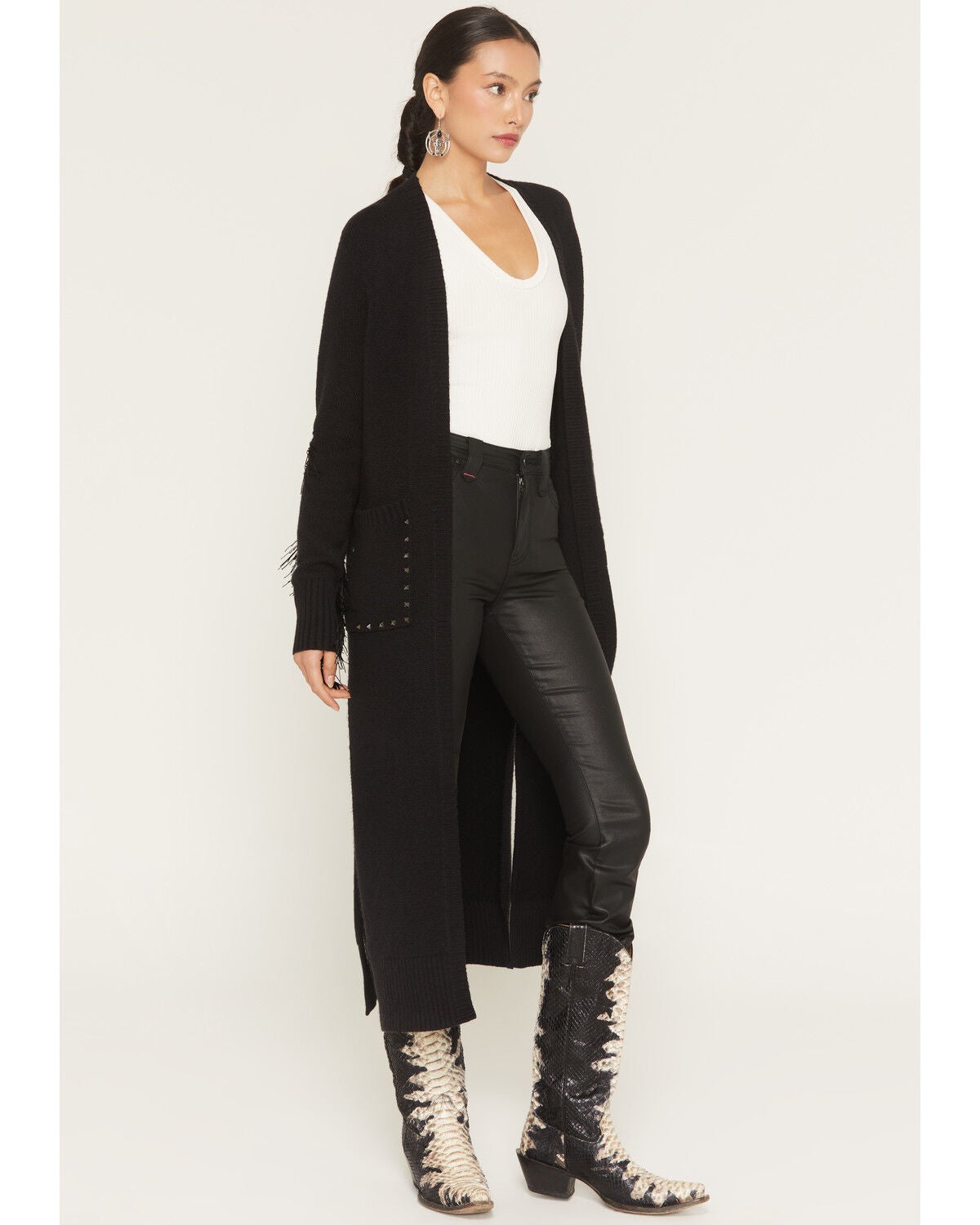 Idyllwind Women's Valleylake Fringe Maxi Cable Knit Cardigan, Black, hi-res