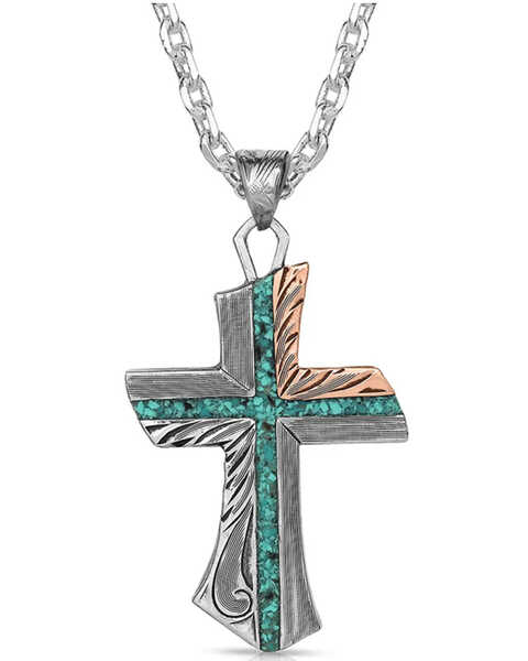Montana Silversmiths Men's Inner Light Turquoise Cross Necklace, Silver, hi-res