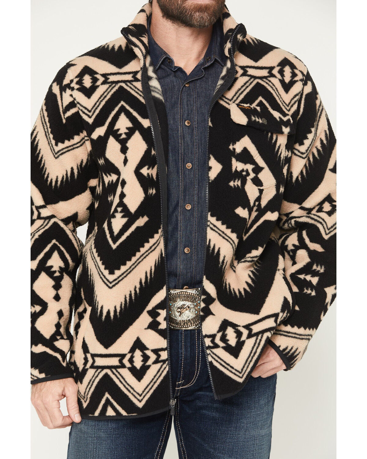 Image #3 - Wrangler Men's Lightweight Full Zip Southwestern Print Sherpa Jacket, Black, hi-res