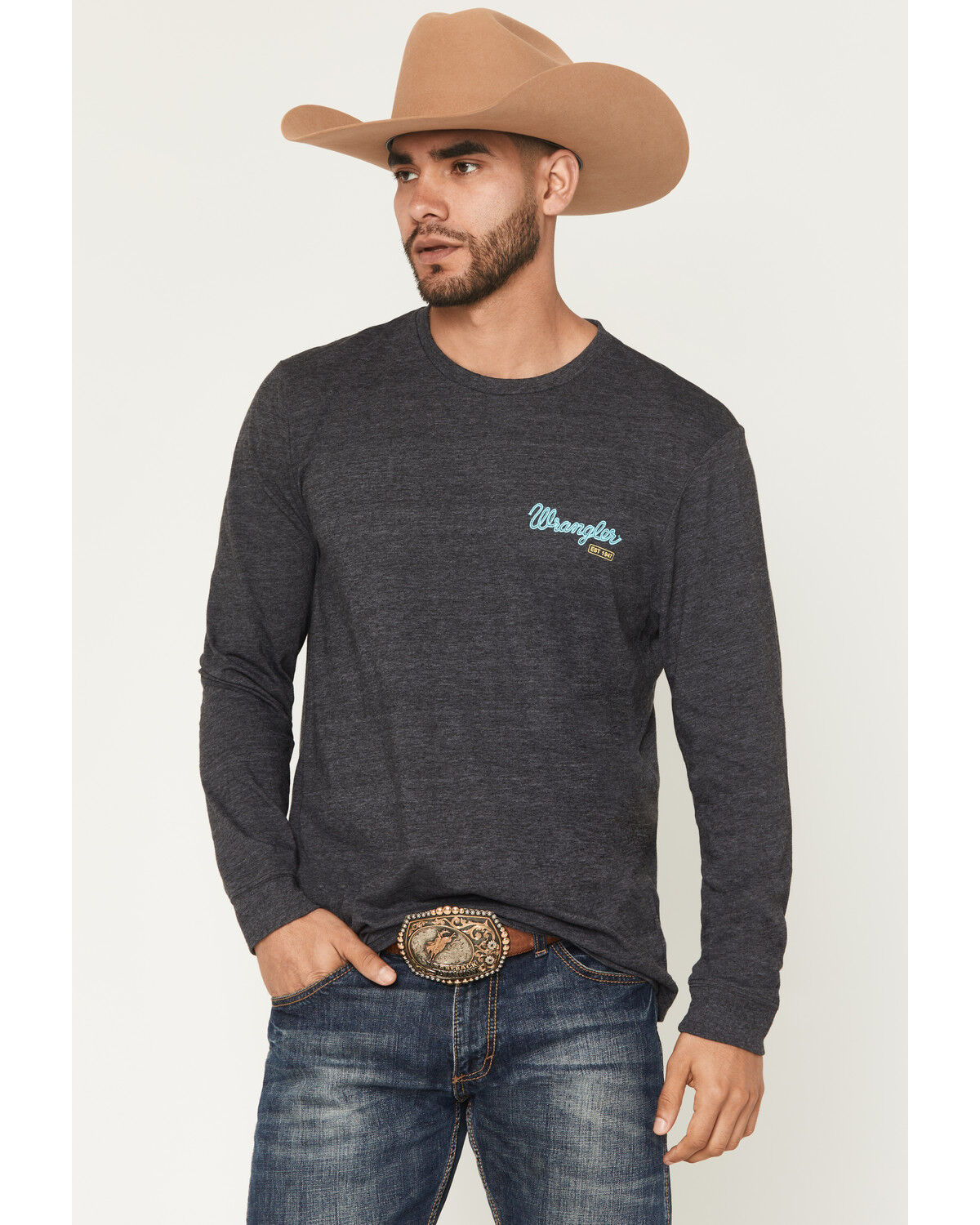 Image #2 - Wrangler Men's Long Live Cowboys Long Sleeve Graphic T-Shirt, Heather Grey, hi-res