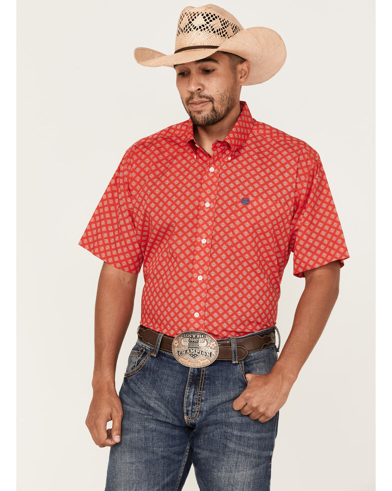 Cinch Men's Diamond Geo Print Short Sleeve Button-Down Western Shirt , Red, hi-res