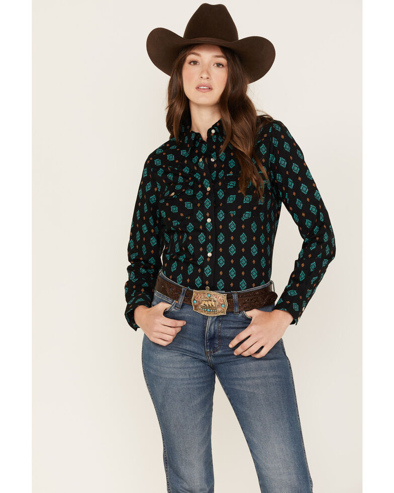 Wrangler Women's Southwestern Geo Print Long Sleeve Snap Western Shirt, Black, hi-res