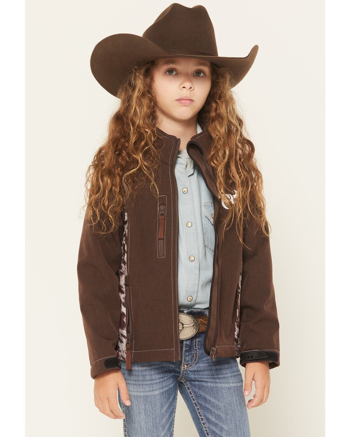 Cowgirl Hardware Girls' Cowhide Print Softshell Jacket, Brown, hi-res