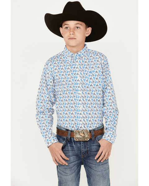 Image #1 - Ariat Boys' Pro Series Bronco Print Long Sleeve Button-Down Western Shirt, White, hi-res