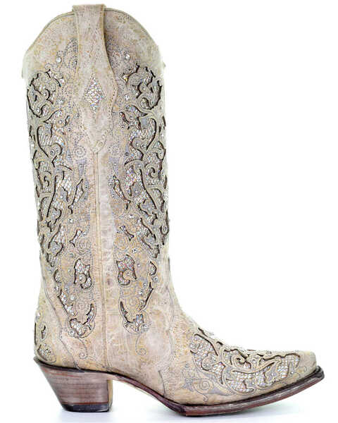 Image #2 - Corral Women's Glitter Inlay and Crystals Wedding Boots - Snip Toe, White, hi-res