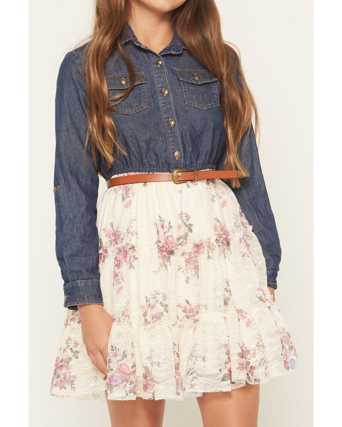 Image #3 - Sugar California Girls' Floral Lace Long Sleeve Button-Down Denim Dress, Multi, hi-res