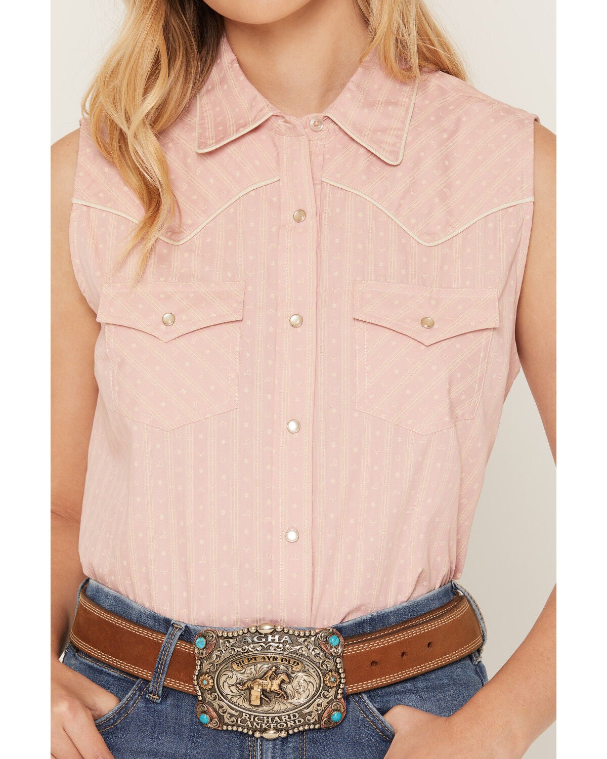 Image #3 - Ely Walker Women's Western Motif Stripe Print Sleeveless Snap Western Shirt, Pink, hi-res