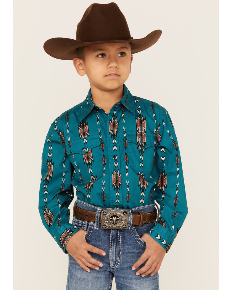 Roper Boys' Vintage Southwestern Print Long Sleeve Western Snap Shirt, Green, hi-res