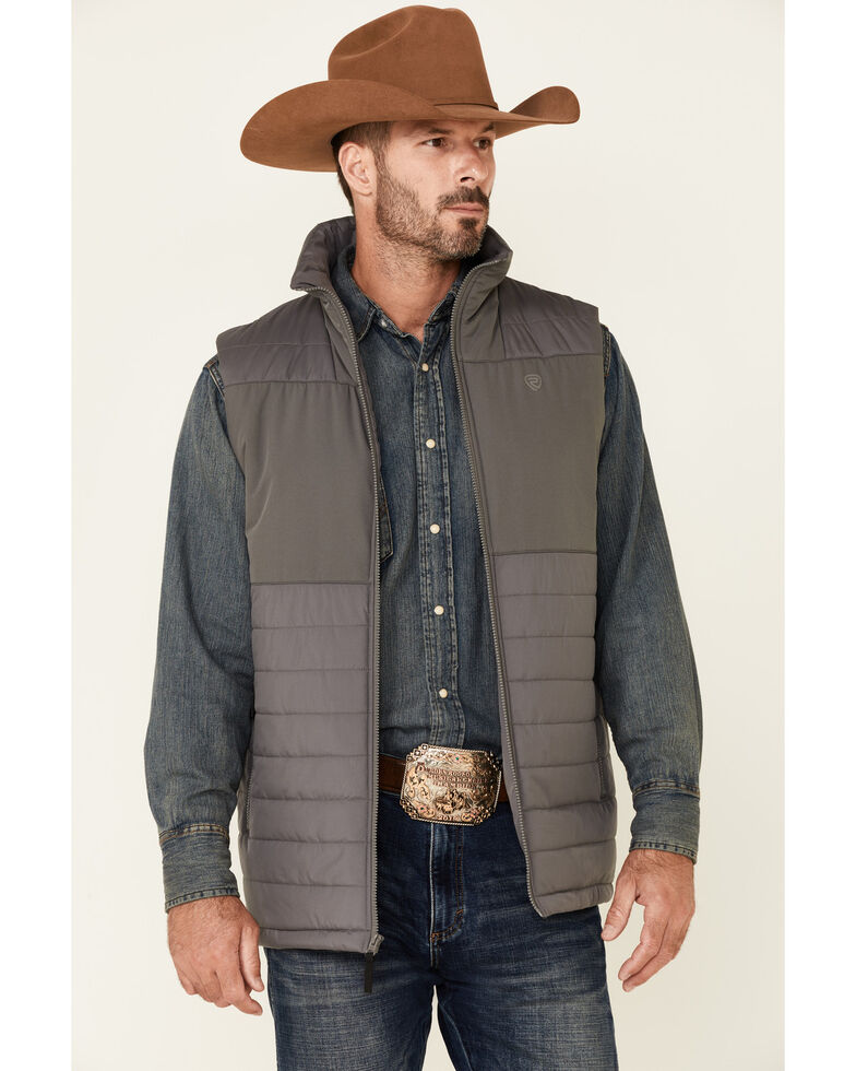 Rock & Roll Denim Men's Solid Charcoal Performance Quilted Zip-Front Vest , Charcoal, hi-res